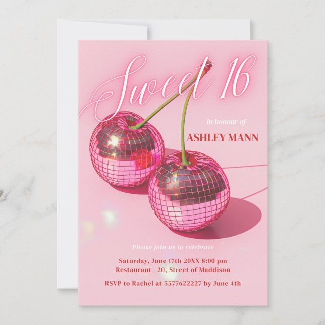 Sweet 16 Cherry rose Discoball Invitation Annivers (Devant)