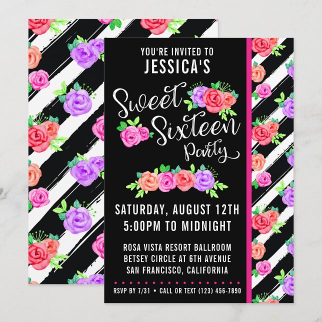 Sweet 16 Edgy Roses & Stripes Modernes Invitation (Devant / Derrière)