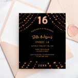Sweet 16 étoiles rose noir or  invitation budgétai<br><div class="desc">Pour une soirée Sweet 16, 16ème anniversaire. Un arrière - plan noir. Décoré d'étoiles dorées roses. Personnalisez et ajoutez un nom, les détails de la fête, l'année de naissance. Le nom est écrit avec un script de style écrit à la main. 1 feuille = 1 invite imprimé bord à bord....</div>
