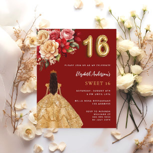 Sweet 16 fleurs de robe rouge or invitation rose