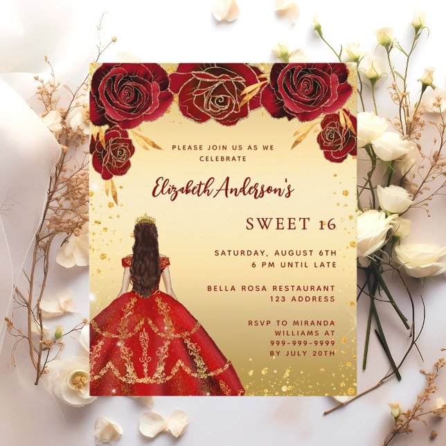 Sweet 16 fleurs de robe rouge or invitations (Créateur téléchargé)
