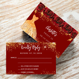 Sweet 16 fleurs de robe rouge or RSVP carte