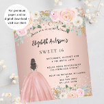 Sweet 16 fleurs d'or roses robe budget invitation<br><div class="desc">Une invitation moderne, élégante et glamour pour une fête Sweet 16, 16e anniversaire. Un arrière - plan rose en or avec des fleurs roses rousses, une fille portant une robe de bal. Le nom est écrit avec un script de style moderne écrit à la main. Personnalisez et ajoutez les détails...</div>