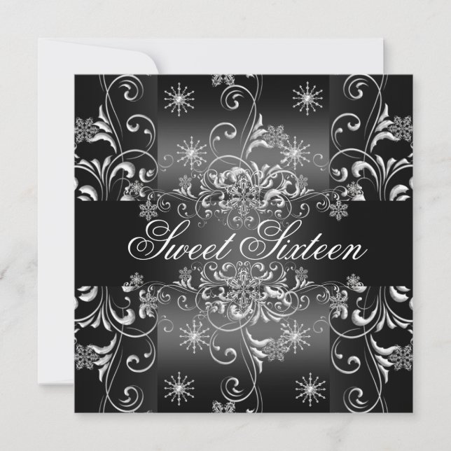 Sweet 16 Flocon de neige noir et blanc Invitation  (Devant)