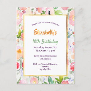 Sweet 16 floraux rose aquarelle invitation