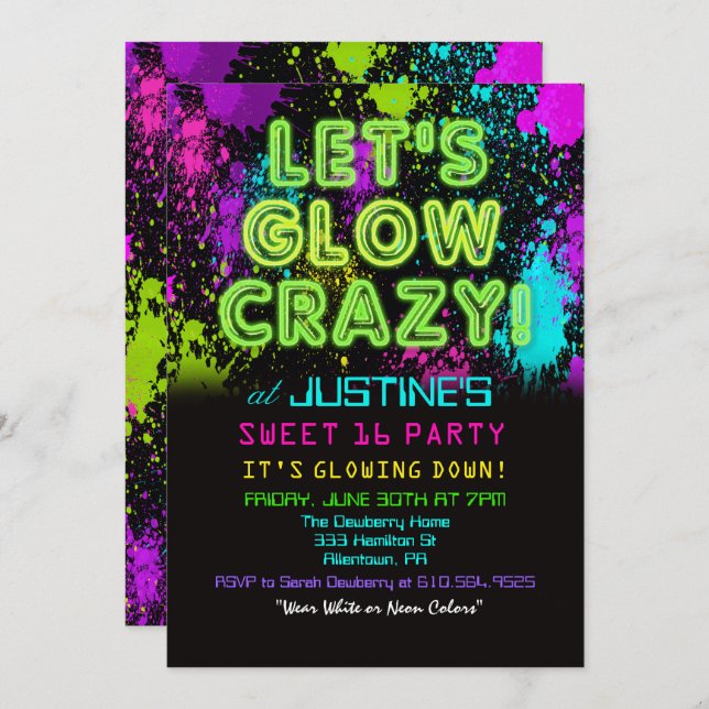 Sweet 16 Glow Party Anniversaire Invitation (Devant / Derrière)