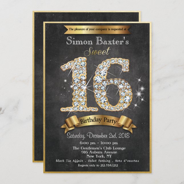 Sweet 16 Gold Diamond Invitation Anniversaire (Devant / Derrière)