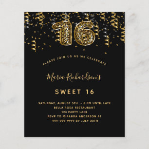 Sweet 16 invitation au confetti léopard en or noir