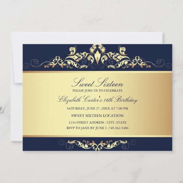 Sweet 16 | Invitation Damask Bleu Royale & Or (Devant)