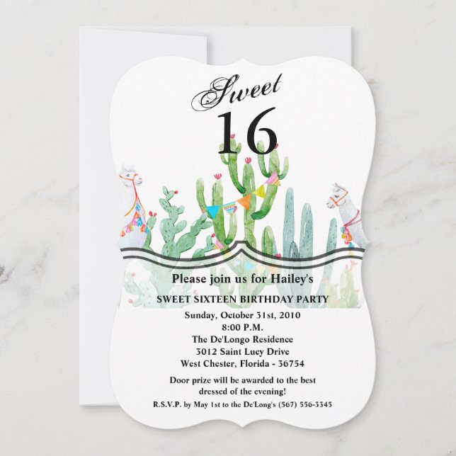 Sweet 16 Invitation d'anniversaire Boho Llama Cact (Devant)
