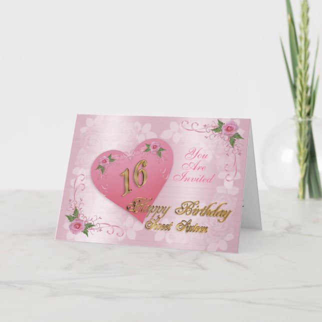 Sweet 16 invitation de fête coeurs roses et roses (Devant)