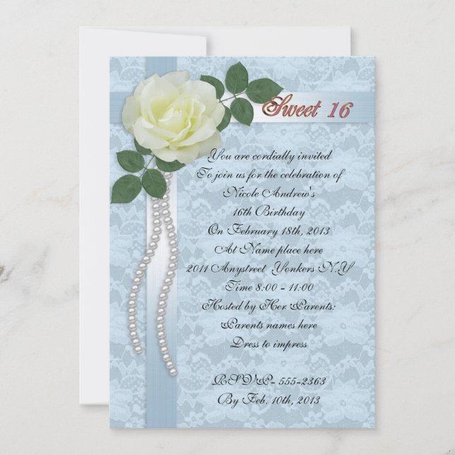 Sweet 16 Invitation dentelle satinée et rose blanc (Devant)