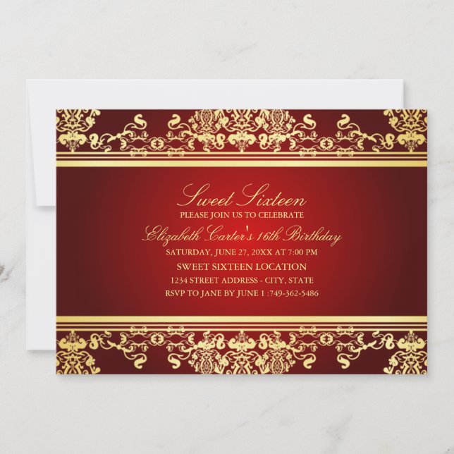 Sweet 16 | Invitation élégante rouge et or en dama (Devant)