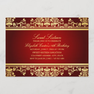 Sweet 16 Invitation élégante rouge et or en dama
