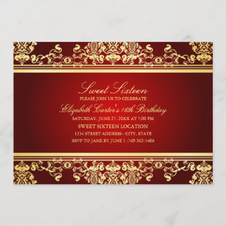 Sweet 16 | Invitation élégante rouge et or en dama