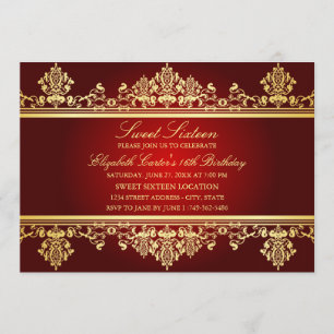 Sweet 16 Invitation élégante rouge et or en dama