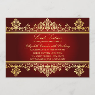Sweet 16 | Invitation élégante rouge et or en dama