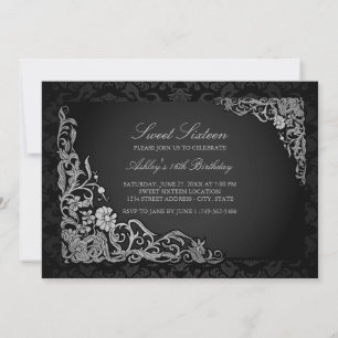Sweet 16 Invitation en damas floral argenté