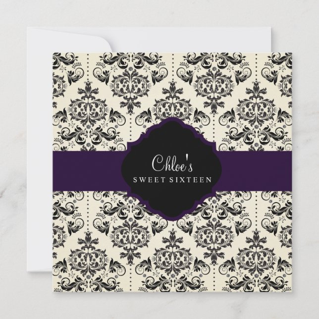 Sweet 16 | Invitation en damas violet et noir (Devant)