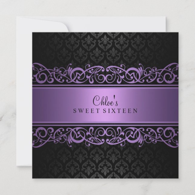 Sweet 16 | Invitation en damas violet et noir (Devant)
