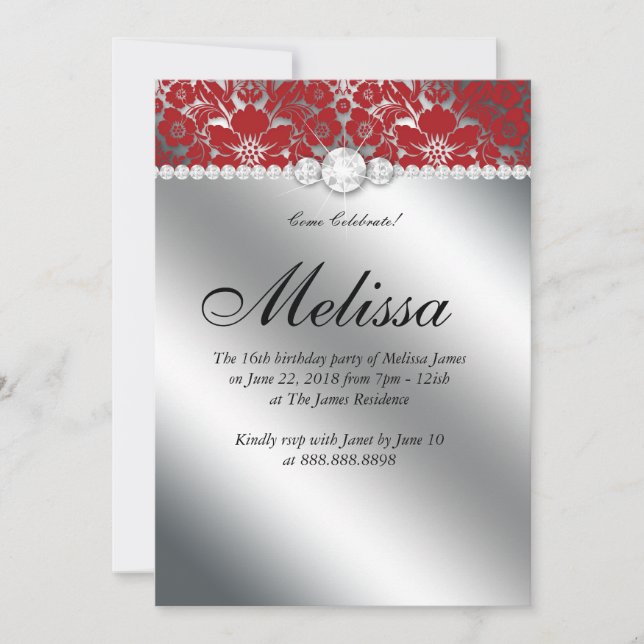 Sweet 16 Invitation Floral Damask Rouge Argent (Devant)