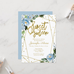 Sweet 16 Invitation Gold Foil Dusty Blue Floral