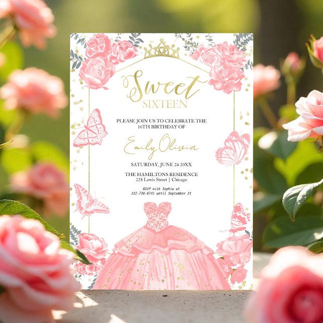 Sweet 16 Invitation Papillon rose robe florale (Créateur téléchargé)