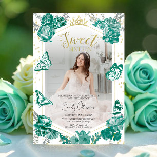 Sweet 16 Invitation photo Emerald Green Butterfly