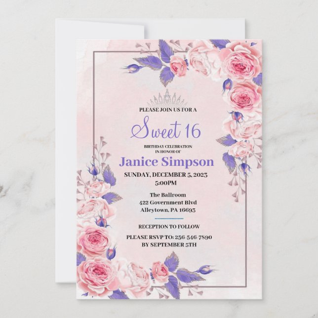 Sweet 16 invitation rose rose et violet (Devant)