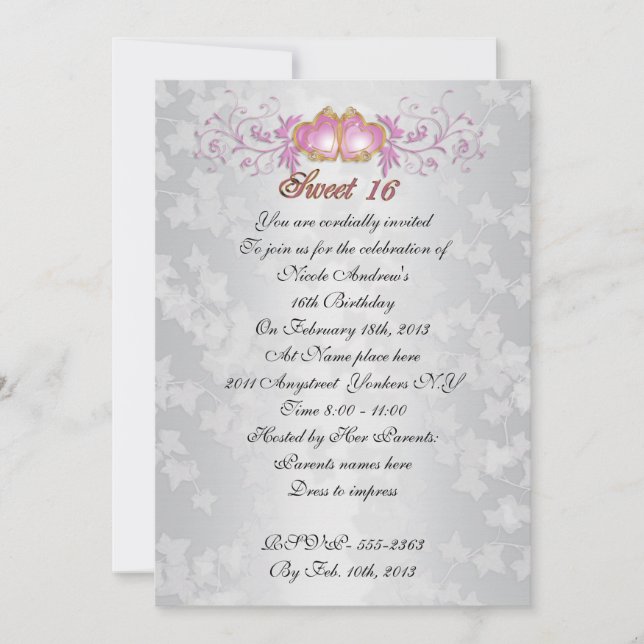 Sweet 16 Invitation satin-look avec coeur rose (Devant)