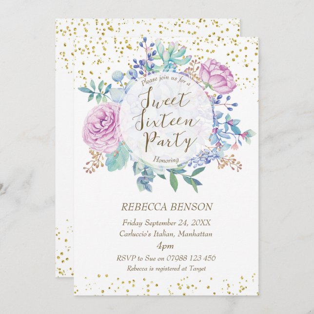 Sweet 16 invitation succulents faux confetti or (Devant / Derrière)