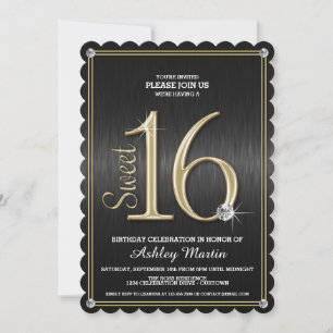 Sweet 16 Invitations Black/Gold Metallic Party