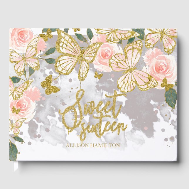 Sweet 16 Livre d'hôtes Gold Blush Butterfly Floral (Recto)