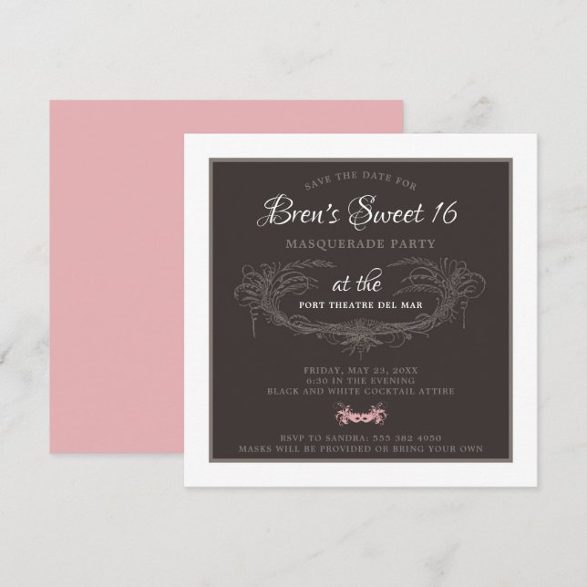 Sweet 16 Masquerade Party Invitation (Devant / Derrière)