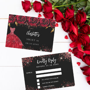 Sweet 16 noir rouge réponse robe RSVP carte
