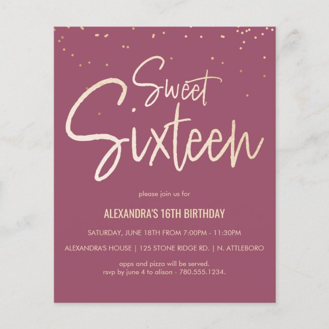 Sweet 16 Or, Élégant, Invitation simple (Devant)