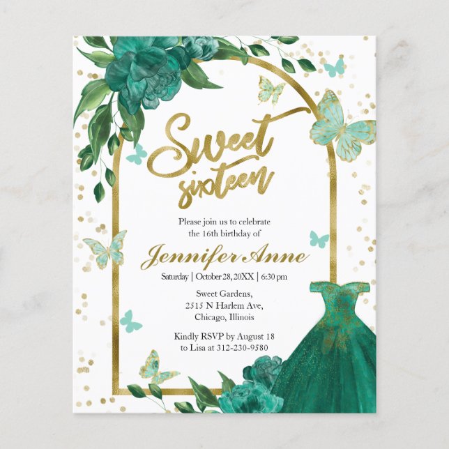 Sweet 16 Papillons Green Budget Invitation (Devant)