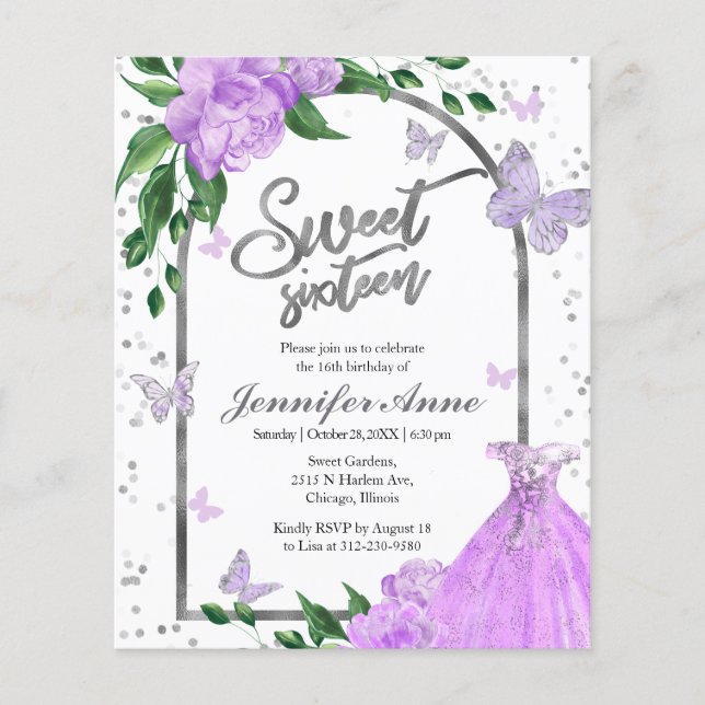 Sweet 16 Papillons Lavande Budget Invitation (Devant)