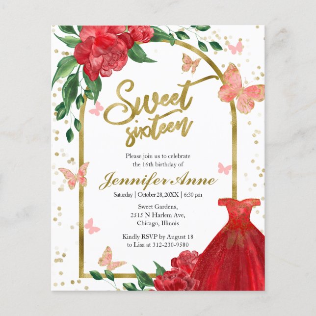 Sweet 16 Papillons Rouge Budget Invitation (Devant)