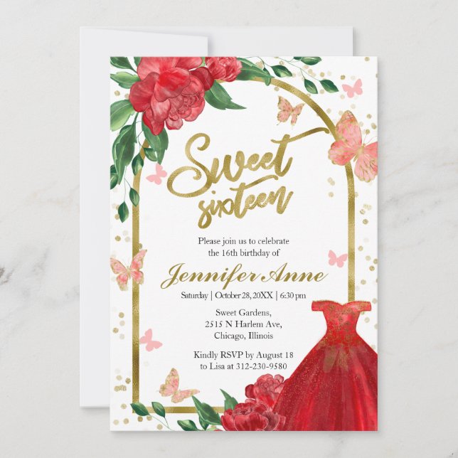 Sweet 16 Papillons rouge gosse Invitation (Devant)