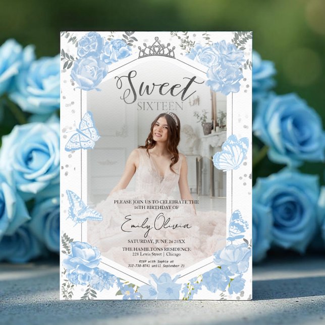 Sweet 16 Photo Invitation | Papillon bleu poussiér (Créateur téléchargé)