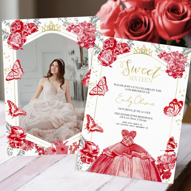 Sweet 16 Photo Invitation Papillon rouge Floral (Créateur téléchargé)