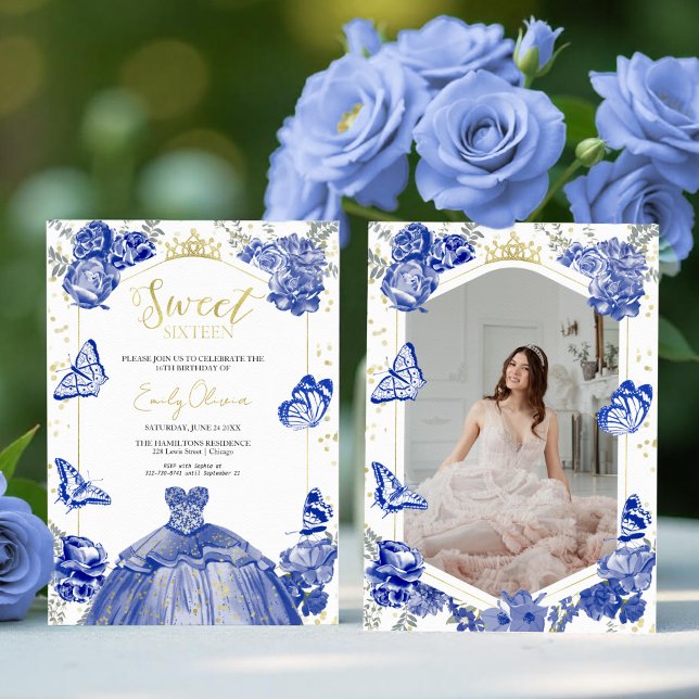 Sweet 16 Photo Invitation Royal Blue Butterfly (Créateur téléchargé)
