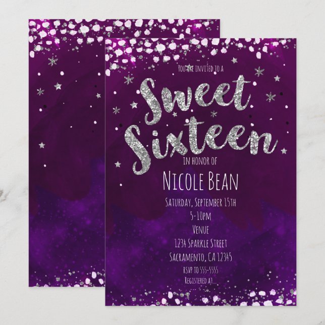 Sweet 16 Purple & Argent Starry Invitations de nui (Devant / Derrière)