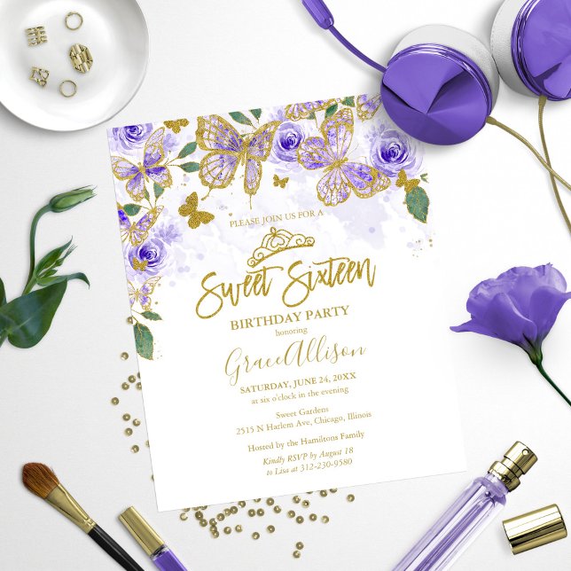 Sweet 16 Purple Papillon Budget Invitation (Créateur téléchargé)