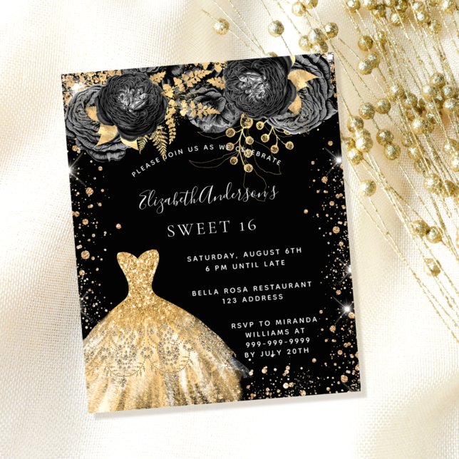 Sweet 16 robe d'or noir à budget floral invitation (Créateur téléchargé)