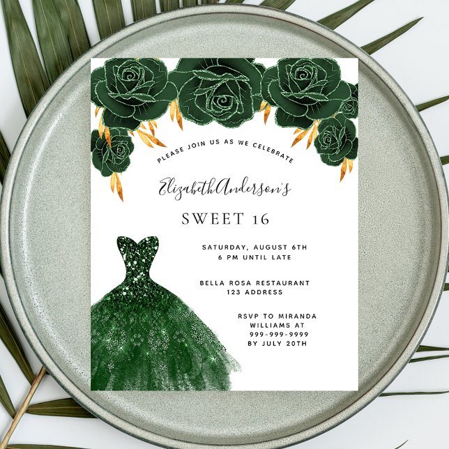 Sweet 16 robe d'or vert invitation budget floral (Créateur téléchargé)