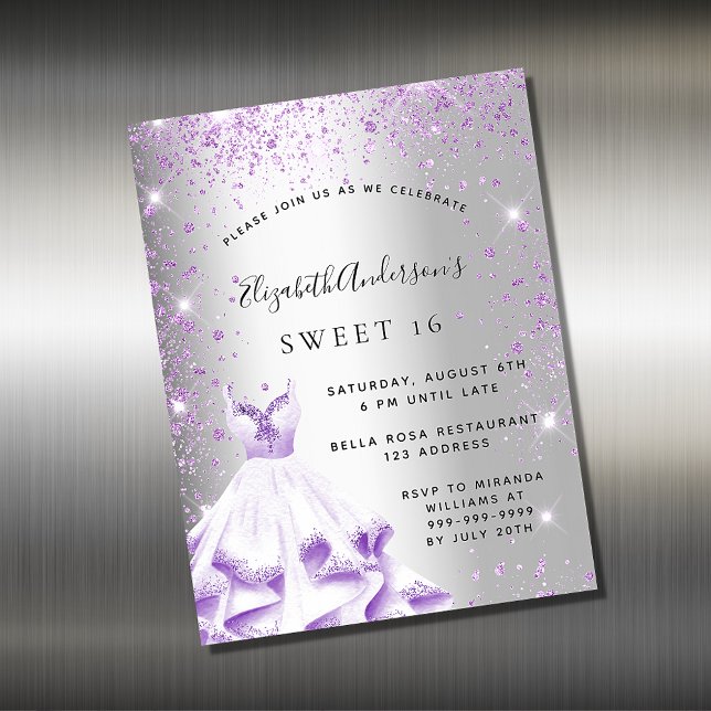 Sweet 16 robe violet argenté aimant invitation (Créateur téléchargé)