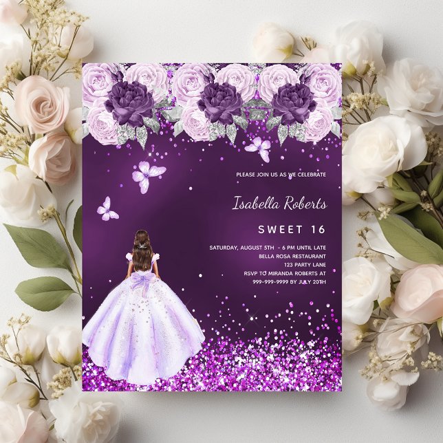 Sweet 16 robe violet fleurs roses invitation (Créateur téléchargé)