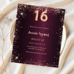 Sweet 16 rose bordeaux invitation or<br><div class="desc">Pour un élégant Sweet 16, 16e anniversaire. Une couleur arrière - plan dégradé bordeaux. Décoré de faux éclats d'or rose. Personnalisez et ajoutez un nom et des détails du parti. Le nom est écrit avec un script de style écrit à la main. 1 feuille = 1 invite imprimé bord à...</div>